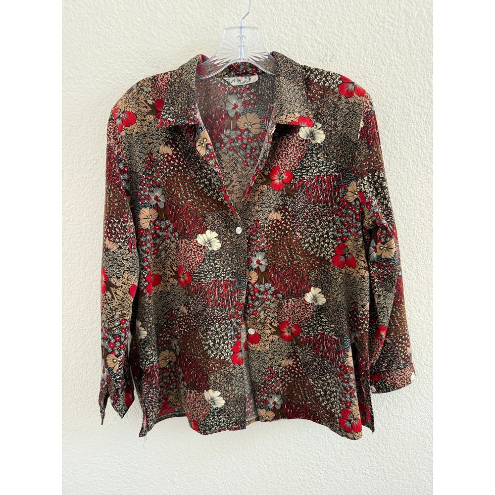 Upcycled Japanese Floral Patchwork Button Down Shirt Jacket Red Brown